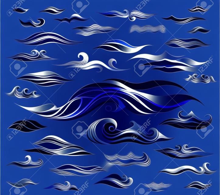 Vector waves set of elements for design, blue silhouettes against a light background