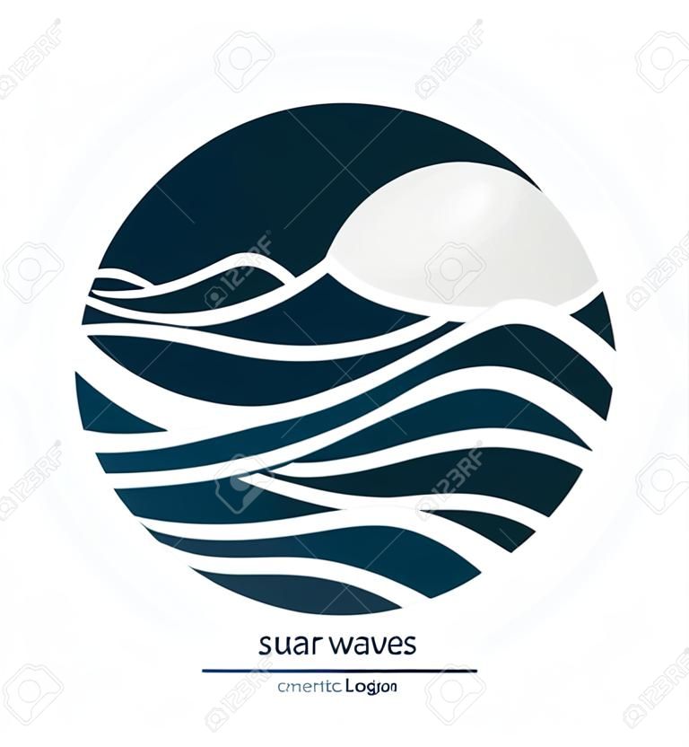 Sfondo astratto con cornice rotonda di onde. Acqua Wave Logo design. Cosmetici Surf Sport Logotype concept.