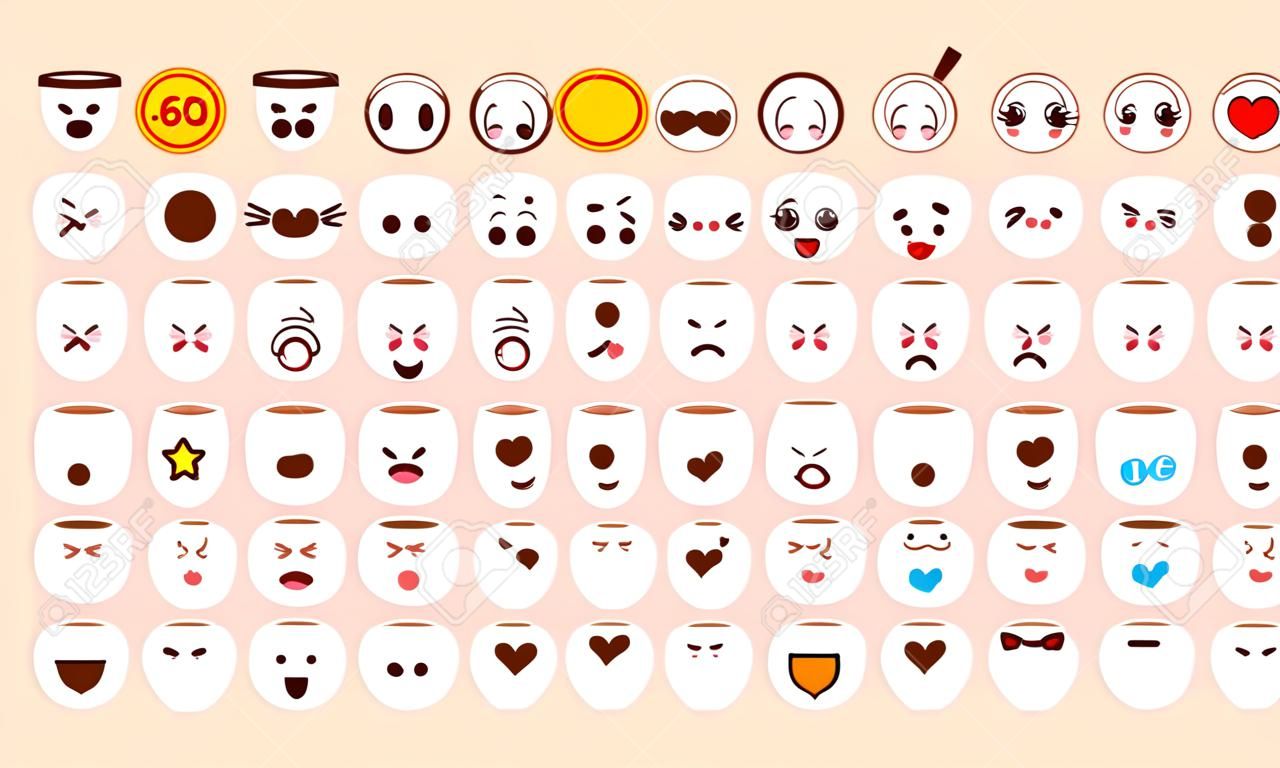 Set of cute kawaii emoticon face and sweet coffee kawaii. Collection emoticon manga, cartoon style. Vector illustration. Adorable characters icons design
