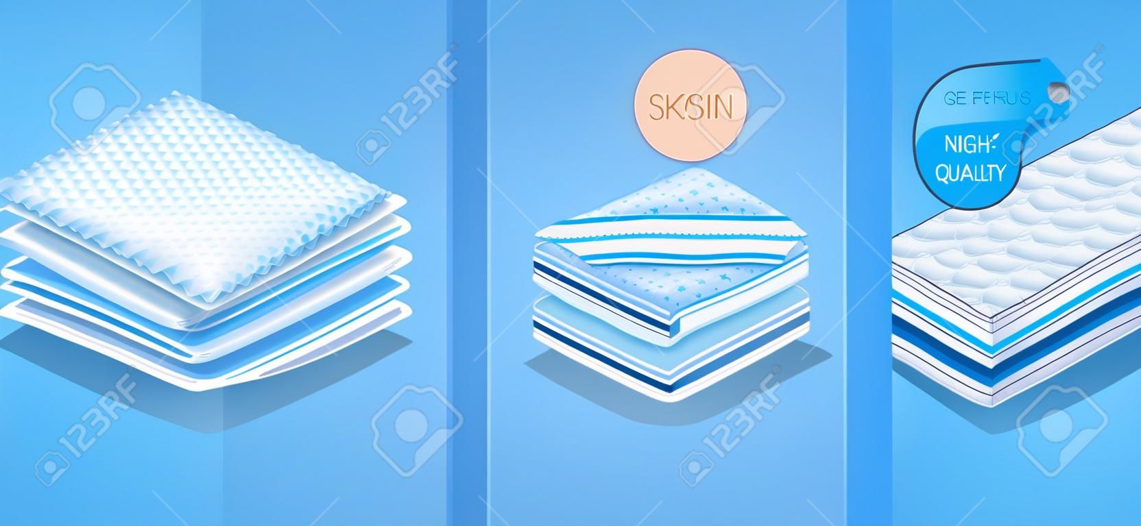 Layered material while offering excellent breathability, comfortable orthopedic mattress, protection and comfort. Baby diapers, napkin, sanitary pad advertising. Vector eps10. New concept