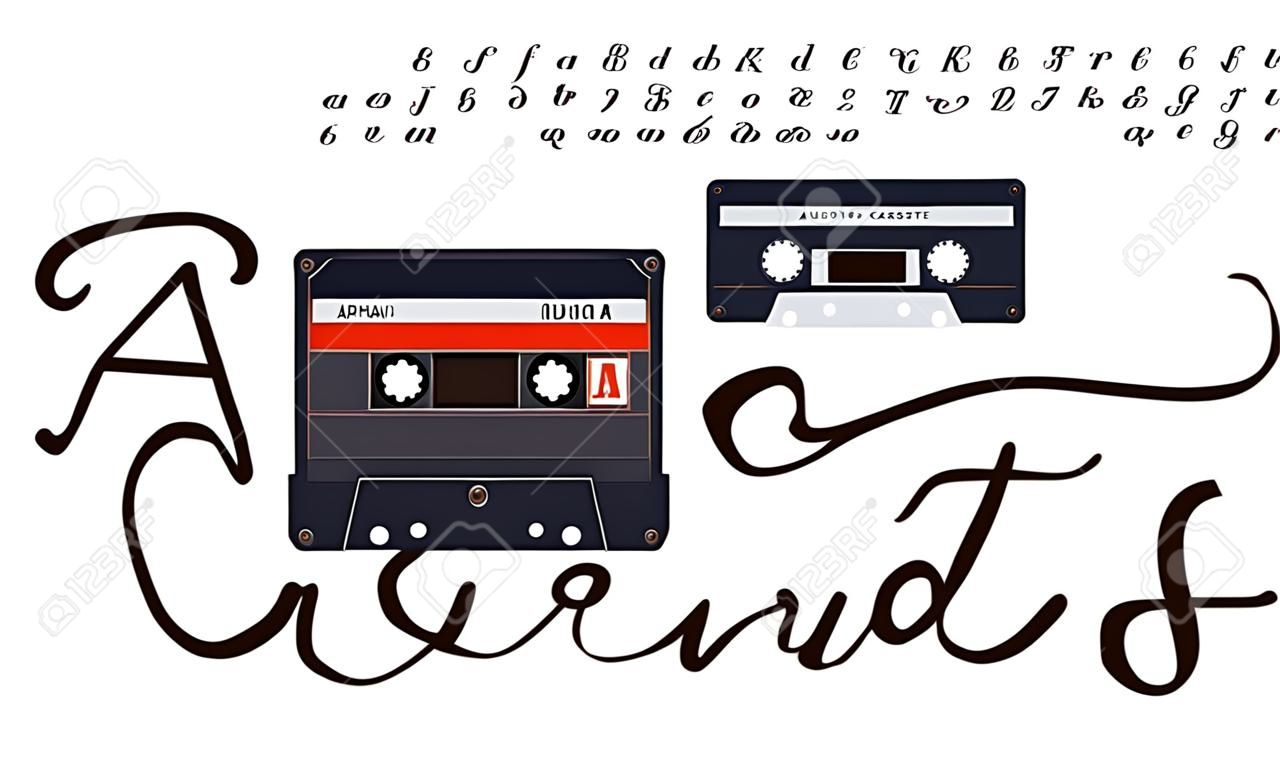 Schriftalphabete aus Audiokassetten. Retro-Kassette aus Kunststoff mit Magnetband, das Buchstaben und Zahlen bildet. Flache einzeilige Schriftart