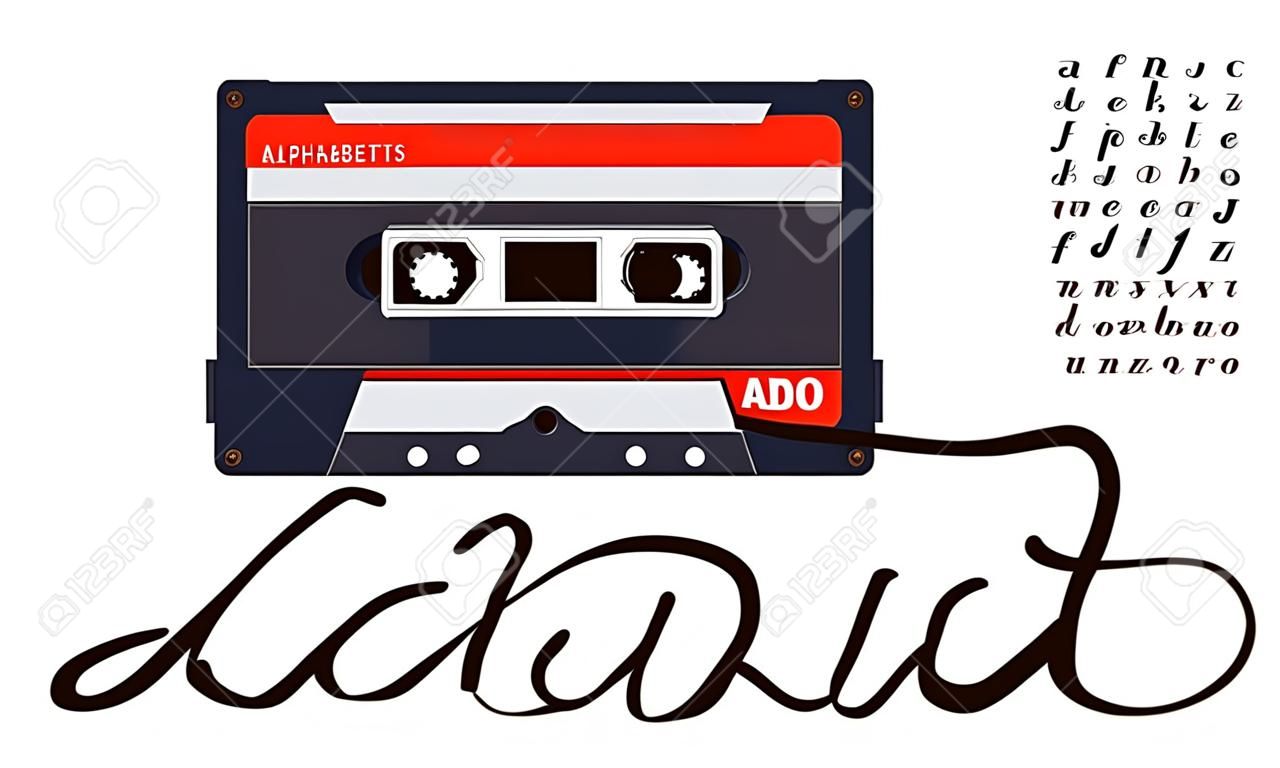 Schriftalphabete aus Audiokassetten. Retro-Kassette aus Kunststoff mit Magnetband, das Buchstaben und Zahlen bildet. Flache einzeilige Schriftart