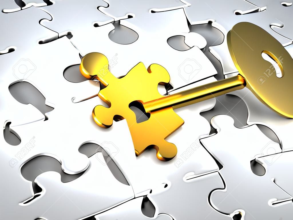 Goldener Schlüssel und Puzzle pieces - 3d Render illustration