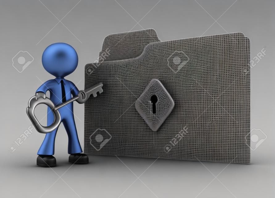 3D-Menschen - ein Mann, Person mit einem Ordner und einem Schlüssel.