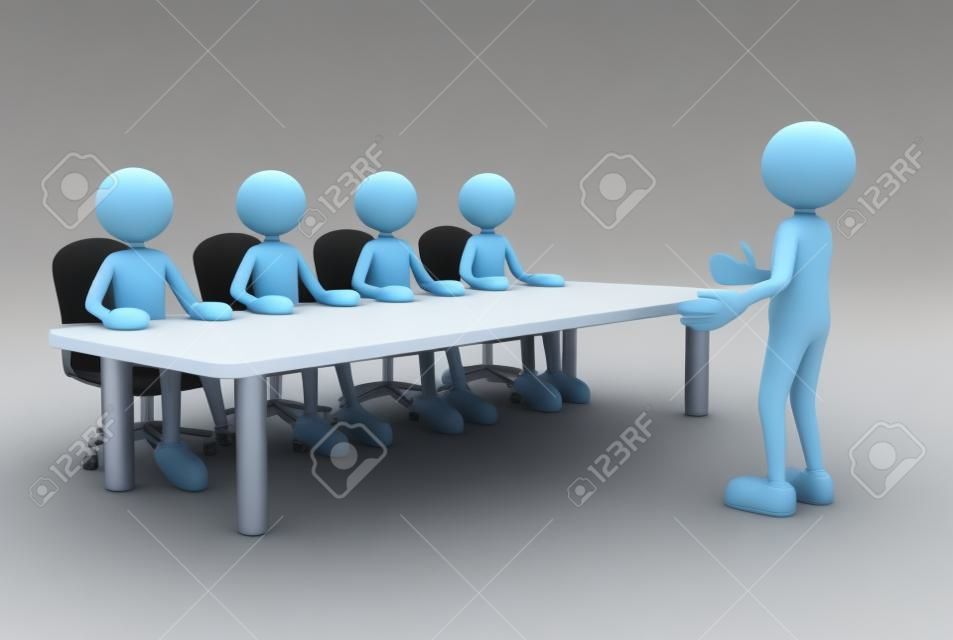 3d osób - mężczyzna, człowiek przy stole konferencyjnym. Pracownik i pracodawca w spotkaniu.