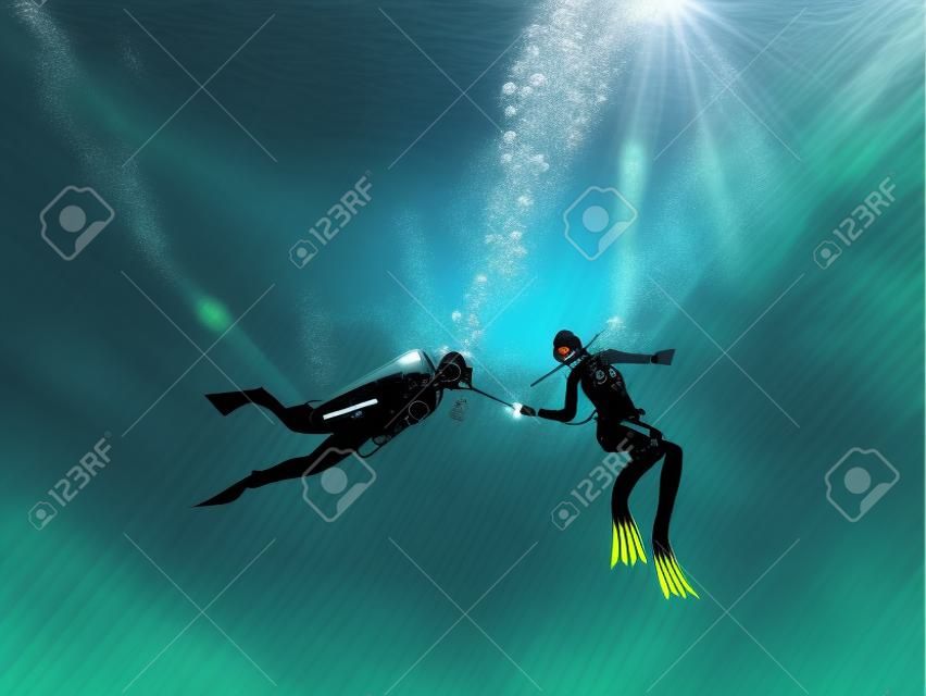 Scuba divers underwater. This is a 3d render illustration