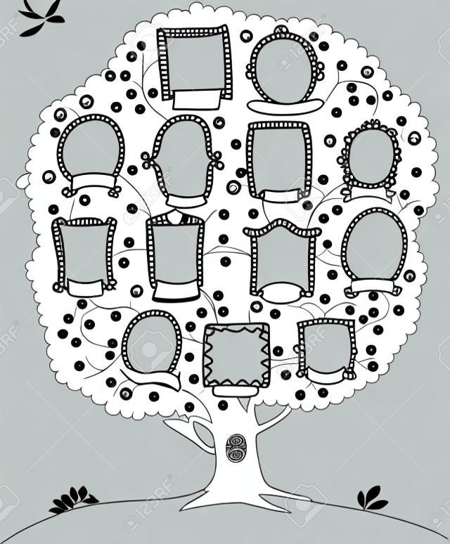Árbol genealógico, árbol genealógico, vector de fondo, blanco y negro dibujo