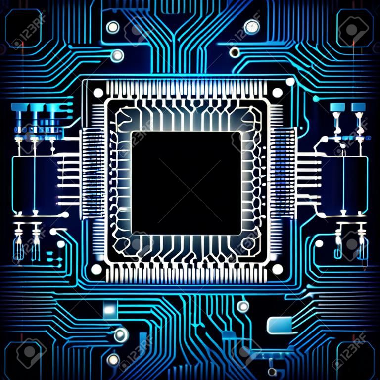 Computer processor and motherboard system chip. CPU chip electronic circuit board with processor vector illustration