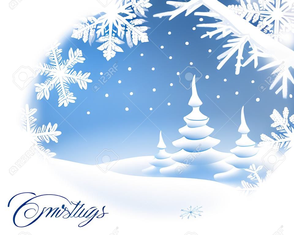 Cartão de inverno com paisagem nevada e flocos de neve brancos