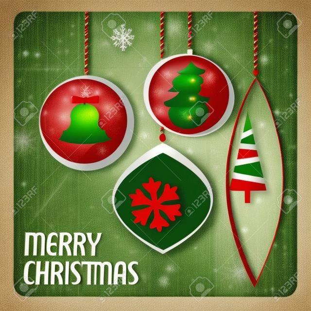 Retro Tarjeta de Navidad con decoraciones de Navidad - verde y rojo