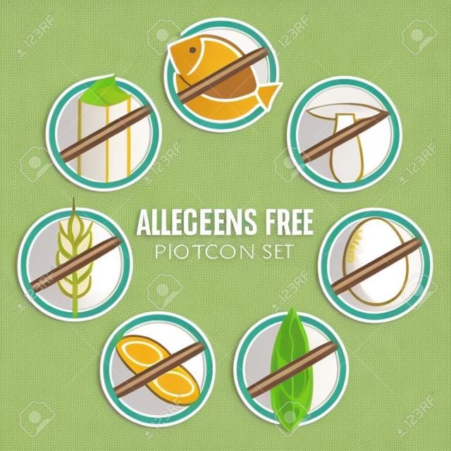 Vector iconen set voor allergenen vrije producten (melk, vis, eieren, gluten, tarwe, noten, lactose, maïs, paddestoel)