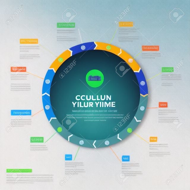 Plantilla de línea de tiempo circular de año completo con todos los meses en una línea de tiempo de círculo grande