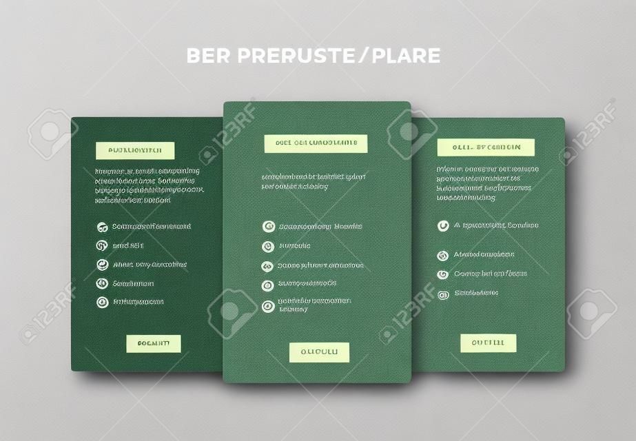 Product features schema template cards with three services, feature lists, order buttons and descriptions - metallic version