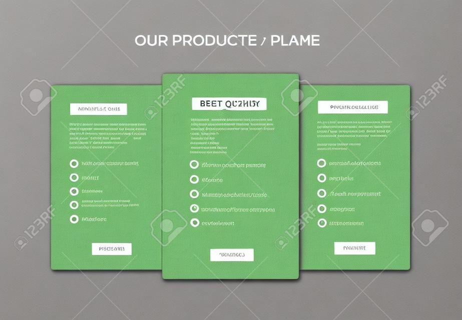 Productkenmerken schema template kaarten met drie diensten, functielijsten, orderknoppen en beschrijvingen - metallic versie