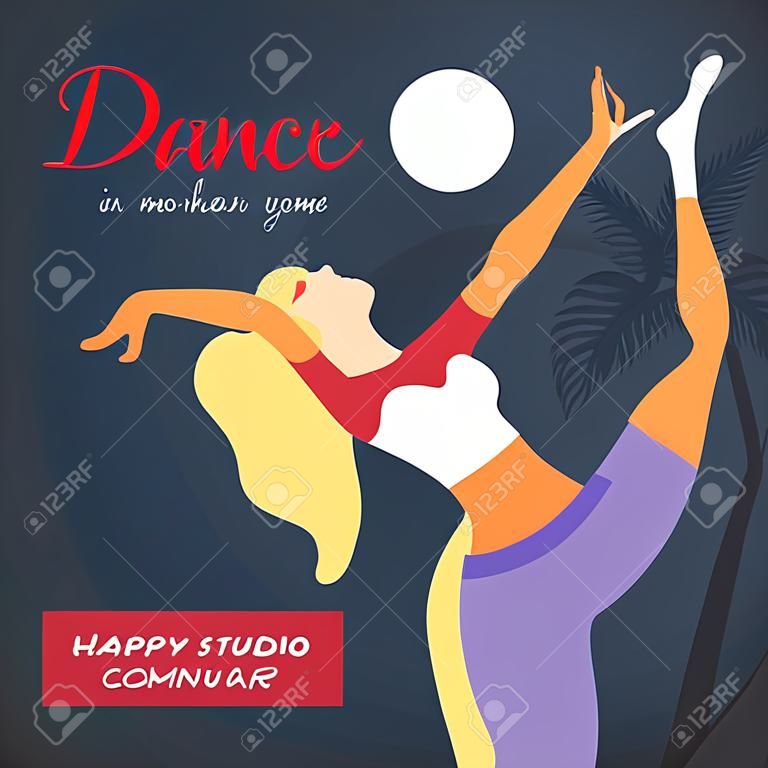 Cartaz de verão. Personagem da mulher dançando em um estilo plano moderno. Mulher feliz com dança com paixão no fundo tropical. Ilustração vetorial de dança adolescente