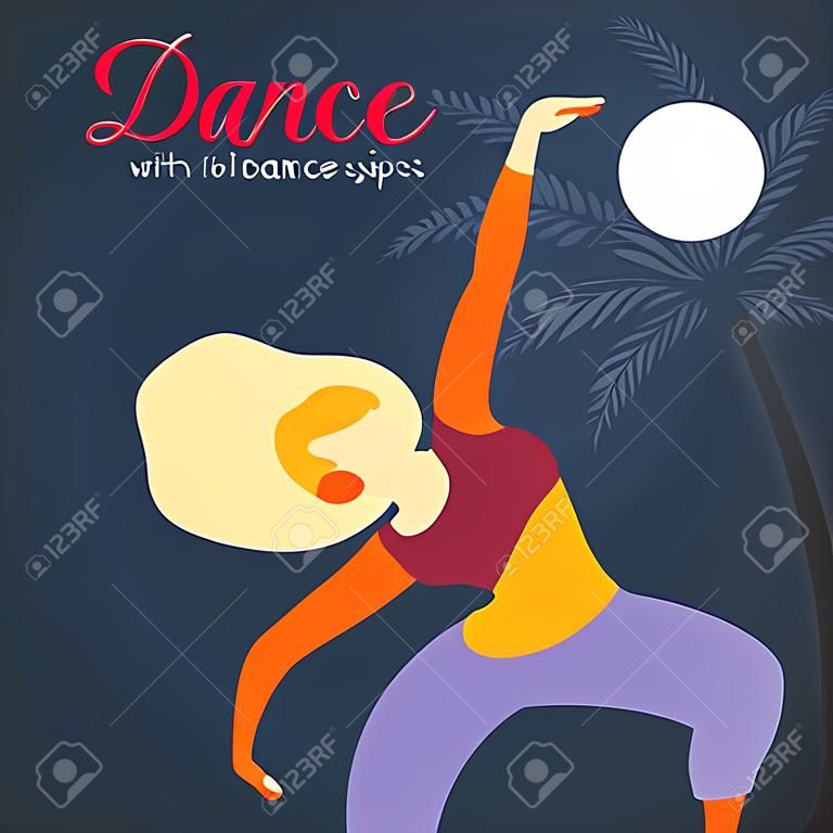 Summer poster. Woman character dancing in a modern flat style. Happy Woman with Dance with passion on tropical background. Teen dancing vector illustration