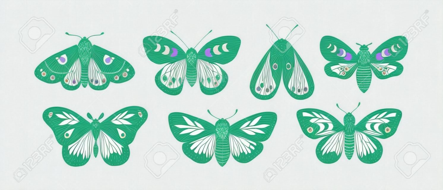 Vector seamless pattern - celestial butterfly. Mystical insect luna moth, floral moon on white background. Design for magic print, fabric, wallpaper, textile, magical decor.