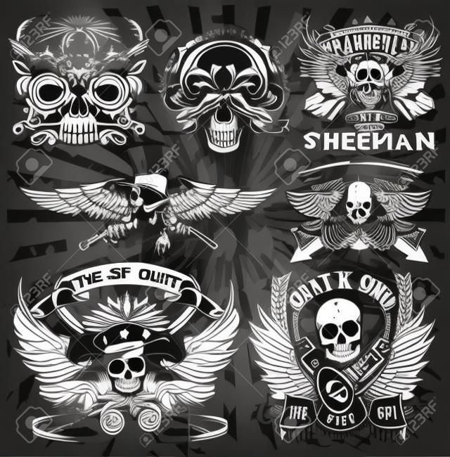 The vector image of Set of Stickers on the shirts with a skull