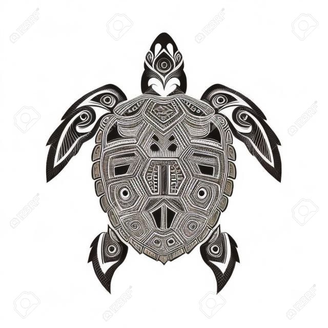 Das Bild der Schildkröte in einem Stammes auf einem weißen Hintergrund.