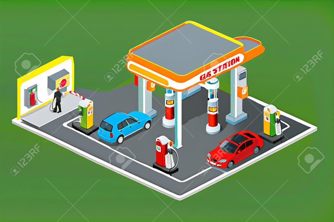Estação de gás 3d isométrica. Conceito de estação de gás. Ilustração plana do vetor da estação de gás. Bomba de combustível, carro, loja, estação de óleo, gasolina.