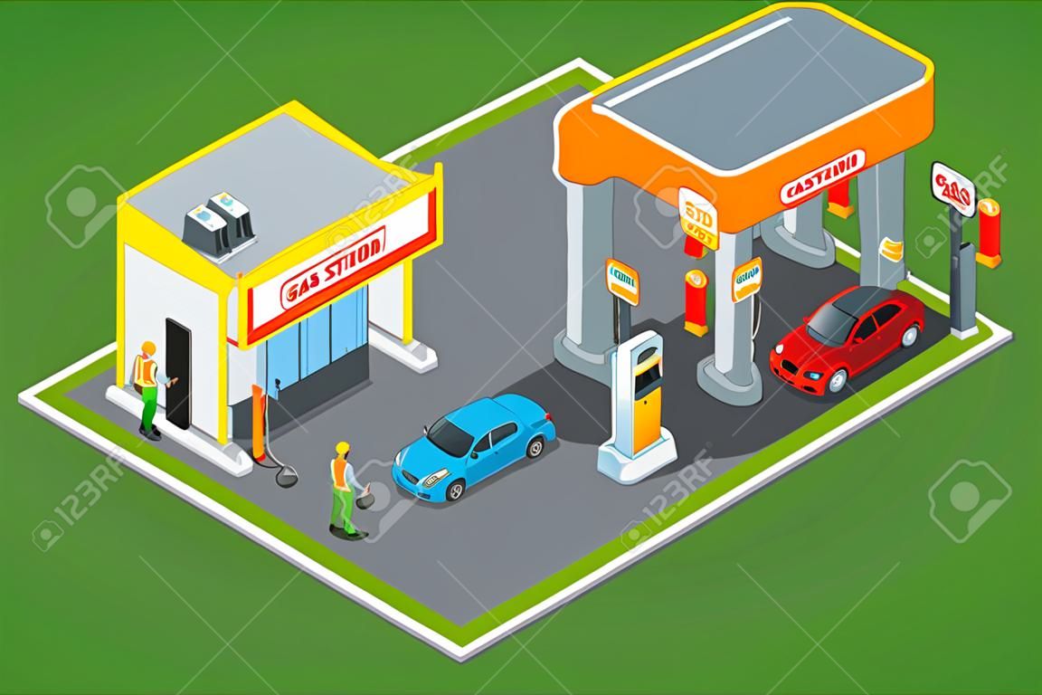 Gasolinera en 3D isométrico. concepto de estación de servicio. ilustración vectorial plana gasolinera. bomba de combustible, el coche, tienda, estación de petróleo, gasolina.