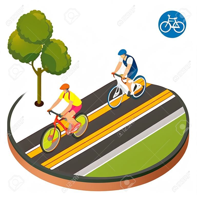 도시에서 자전거. 자전거 경로에 사이클링. 자전거 도로 표지판 및 자전거 라이더. 플랫 3D 벡터 아이소 메트릭 그림. 사람들은 자전거를 타고. 자전거 및 자전거. 스포츠 및 운동