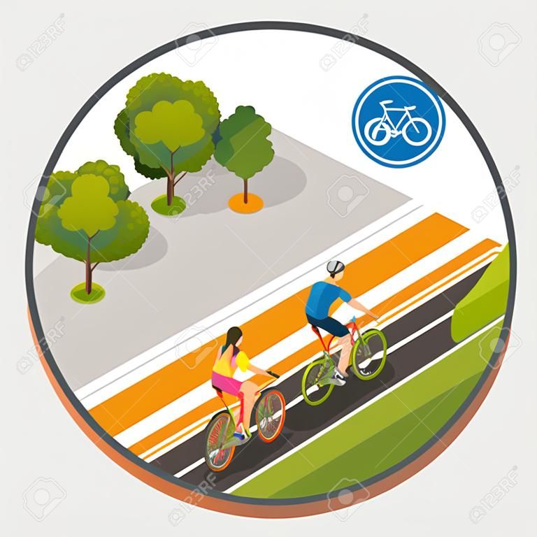 도시에서 자전거. 자전거 경로에 사이클링. 자전거 도로 표지판 및 자전거 라이더. 플랫 3D 벡터 아이소 메트릭 그림. 사람들은 자전거를 타고. 자전거 및 자전거. 스포츠 및 운동