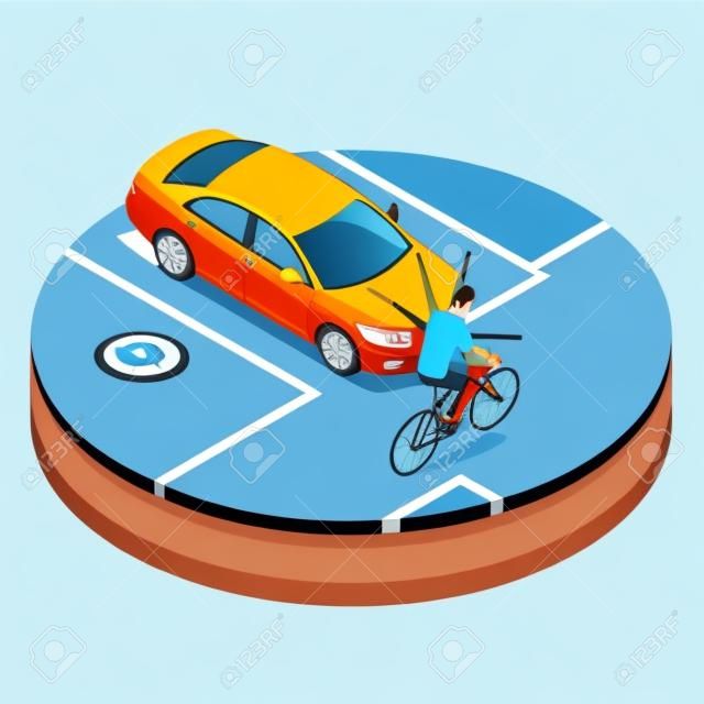 車禍。自行車事故與車輛。平三維矢量插圖等距。事故路面情況危險車禍和事故道路碰撞安全緊急運輸