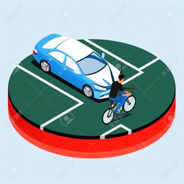 車禍。自行車事故與車輛。平三維矢量插圖等距。事故路面情況危險車禍和事故道路碰撞安全緊急運輸