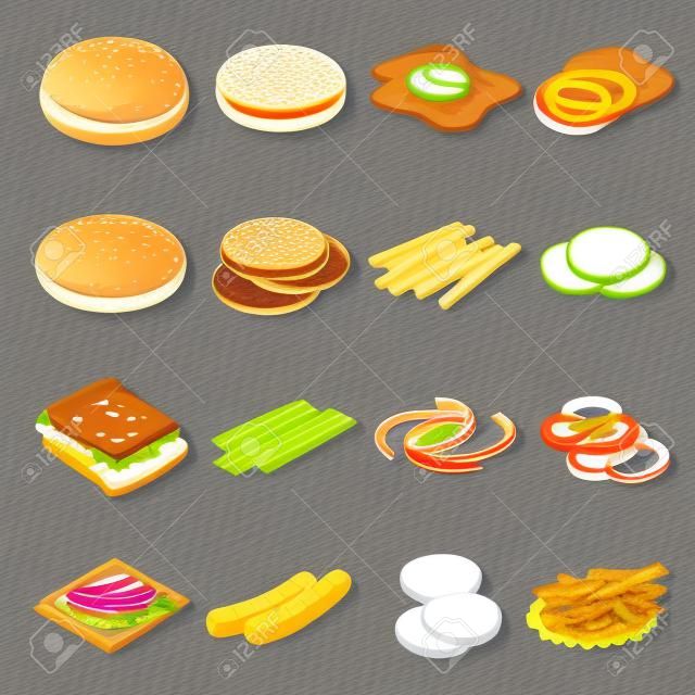 Burger isométrico. Ingredientes de hambúrguer em fundos brancos. Ingredientes para hambúrgueres e sanduíches. Ovo frito, cebola, carne bovina, queijo, pepinos e outros elementos para construir um hambúrguer personalizado.