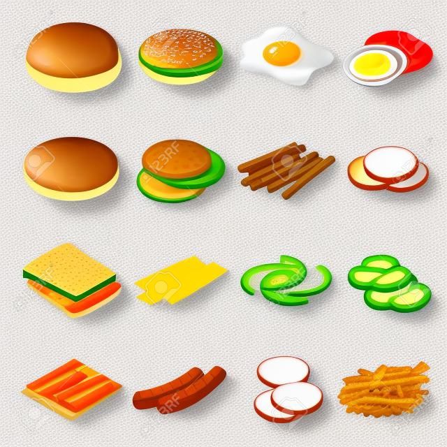 Burger izometrycznym. Składniki Burger na białym tle. Składniki na hamburgery i kanapki. Smażone jajka, cebula, wołowina, ser, ogórki i inne elementy do budowy własnego hamburgera. smaczne przekąski