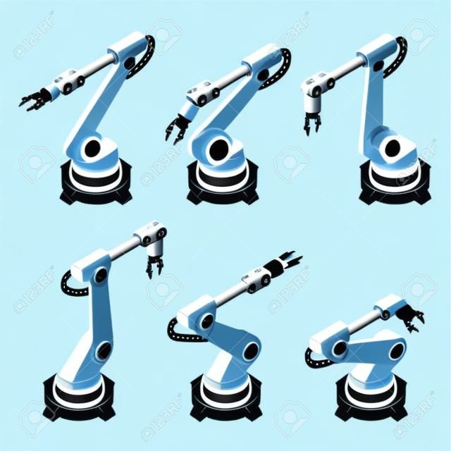 Isometric robotic arm, hand, industrial robot flat vector icons set. Robotics Industry Insights. Automotive and electronics are top industry sectors for robotics use. Flat 3d vector illustration.
