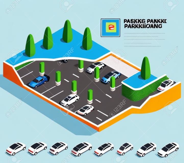 Parkhaus unterirdisch. Parkhaus. Städtischer Parkplatz-Service. Flache isometrische Vektor 3d Illustration für Infografik.