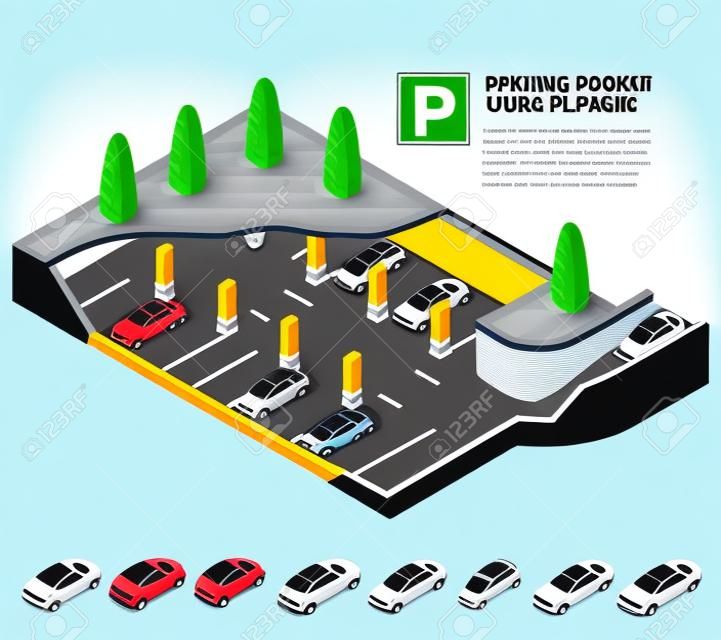 Garaż podziemny. Parking kryty. Usługa parkowania samochodów miejskich. Płaskie 3d izometryczny wektor ilustracja do infografiki.