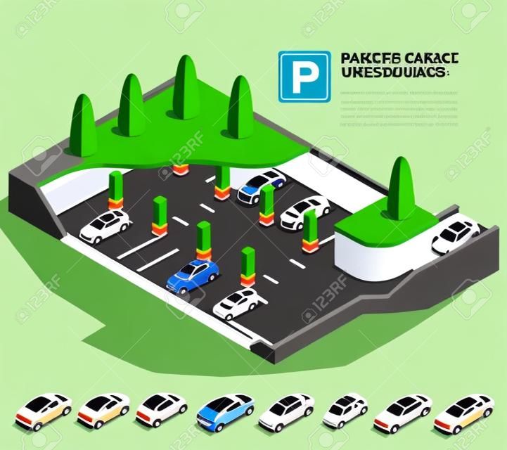 Parkeergarage ondergrondse. Indoor parkeerplaats. Stedelijke parkeerplaats service. Plat 3d isometrische vector illustratie voor infographic.