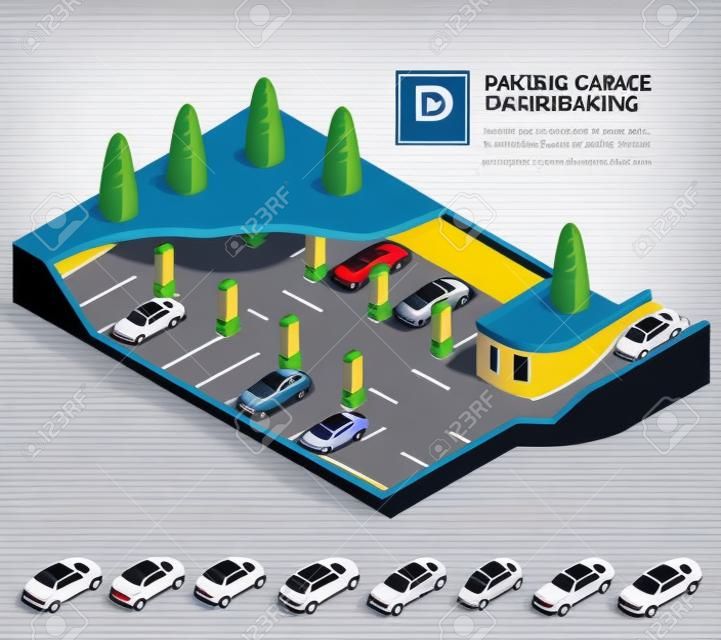 Garaż podziemny. Parking kryty. Usługa parkowania samochodów miejskich. Płaskie 3d izometryczny wektor ilustracja do infografiki.