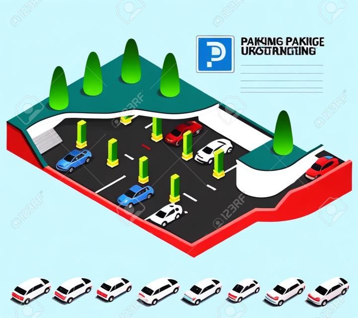 Parkhaus unterirdisch. Parkhaus. Städtischer Parkplatz-Service. Flache isometrische Vektor 3d Illustration für Infografik.