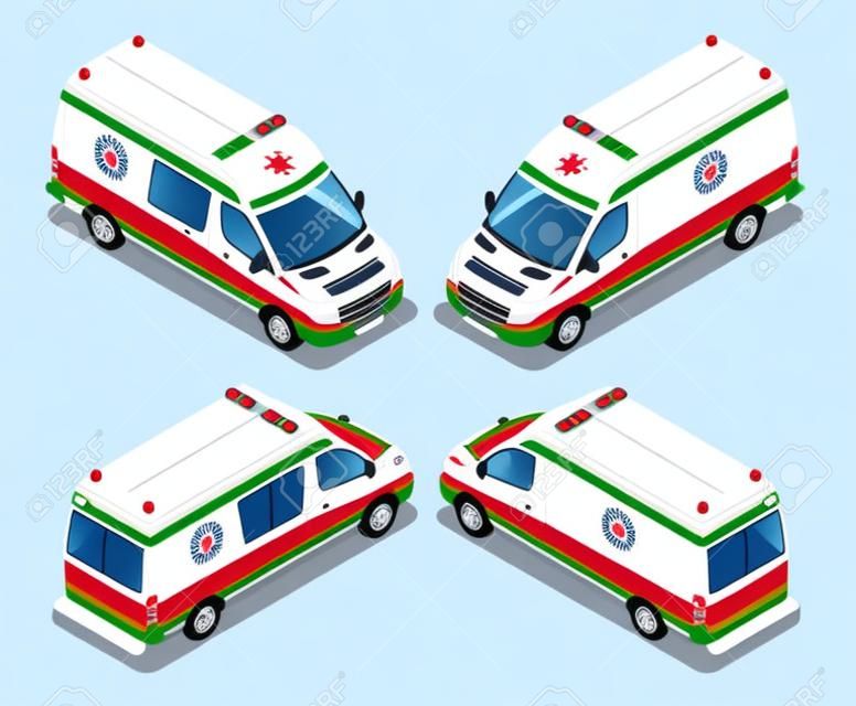 Ilustração isolada do vetor da camionete da ambulância do grupo isométrico do transporte. Acidente de evacuação médica de emergência. Departamento da emergência da clínica do serviço de ajuda da ambulância do acidente para Infographics, bandeira, Web