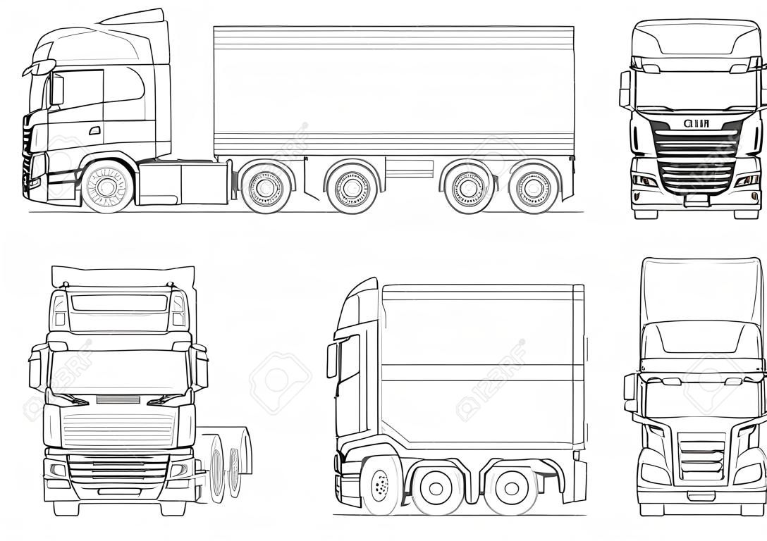 Truck tractor or semi-trailer truck in outline Combination of a tractor unit and one or more semi-trailers to carry freight