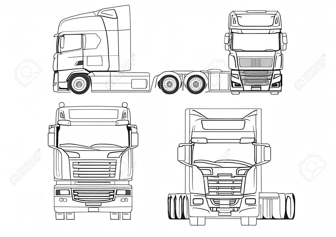 Vrachtwagentrekker of opleggertruck in omtrek Combinatie van een trekkereenheid en een of meer opleggers voor het vervoer van goederen