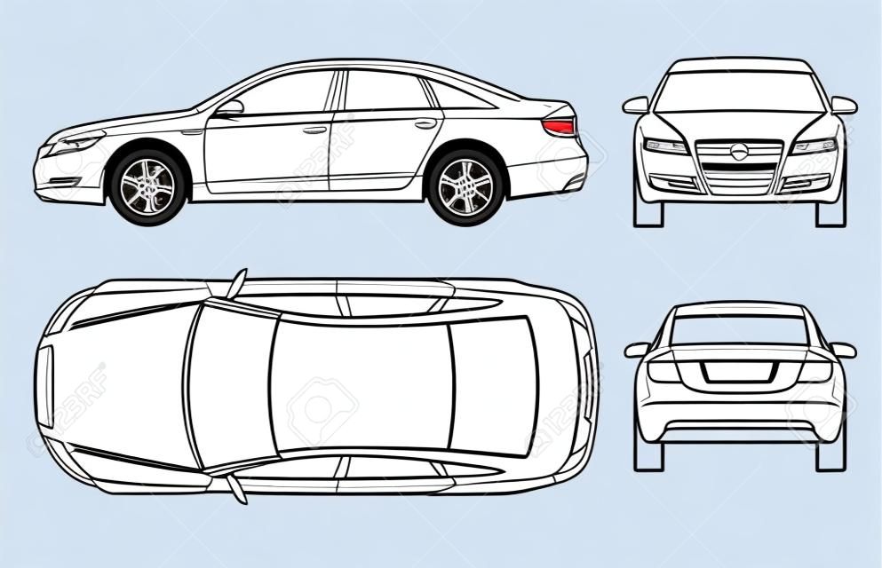 Sedan auto in omtrek. Business sedan voertuig template vector geïsoleerd op wit. Bekijk voorkant, achter, zijkant, bovenkant. Alle elementen in groepen