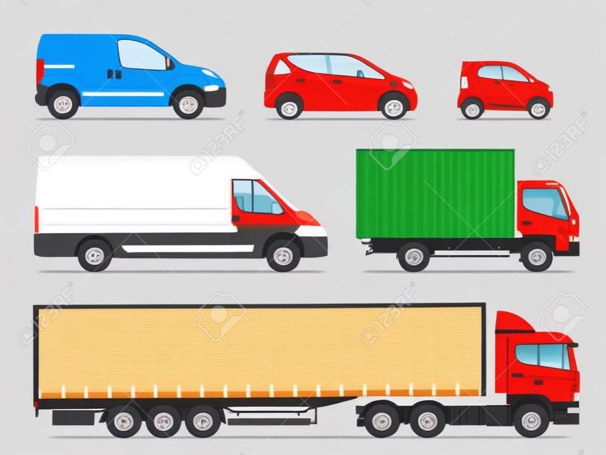 貨物トラック側面図のセット。輸送車両が分離。貨物トラックとバンベクターイラスト。