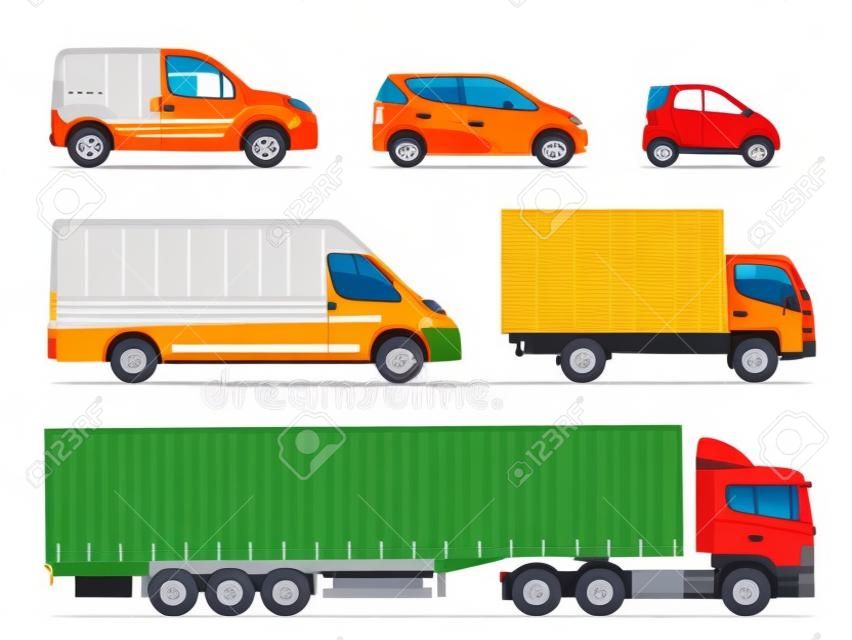 Ensemble de vue latérale de camions de fret. Véhicules de livraison isolés. Camion de cargaison et fourgon. Illustration vectorielle