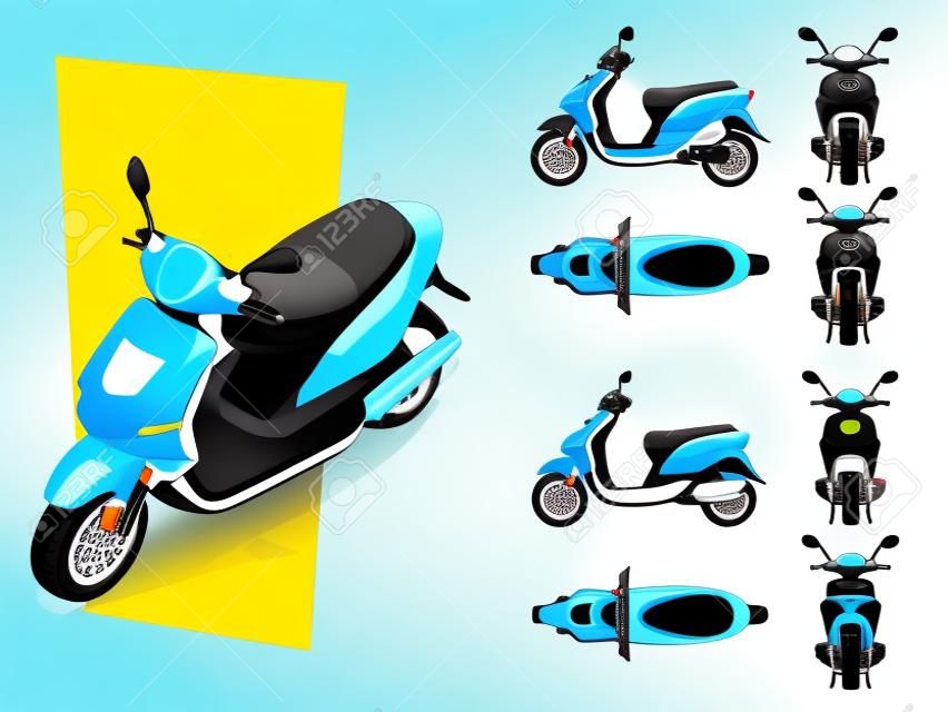 Trendy electric scooter, isolated on white background. Isolated Motorbike template for moped, motorbike branding and advertising. Front, rear, side, top and isometry front and back.
