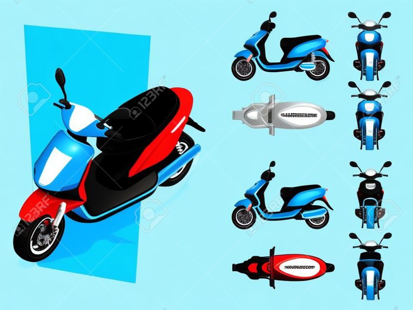 Modischer elektrischer Roller, lokalisiert auf weißem Hintergrund. Isolierte Motorrad-Vorlage für Moped, Motorrad-Branding und Werbung. Vorne, hinten, seitlich, oben und Isometrie vorne und hinten.