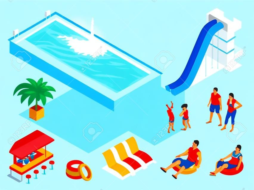 Isometric set icons of Summer water park holiday . Swimming pool and water slides. Vector illustration isolated on white background