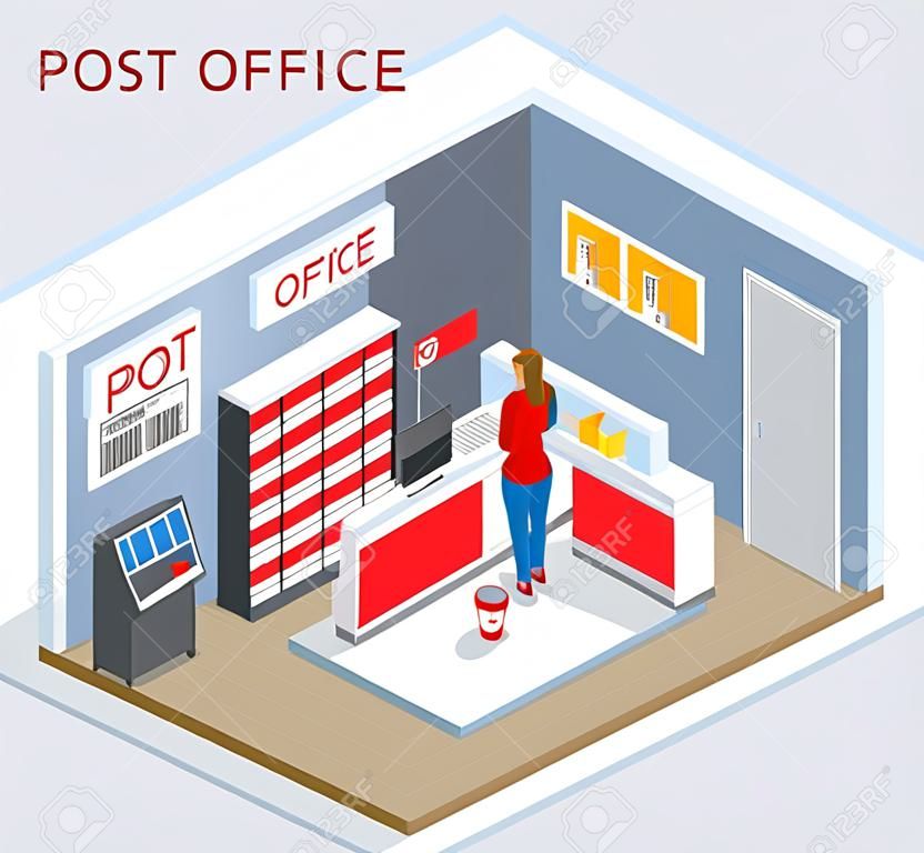 Concepto isométrico de la oficina de correos. Hombre joven y mujer esperando un paquete en una oficina de correos.