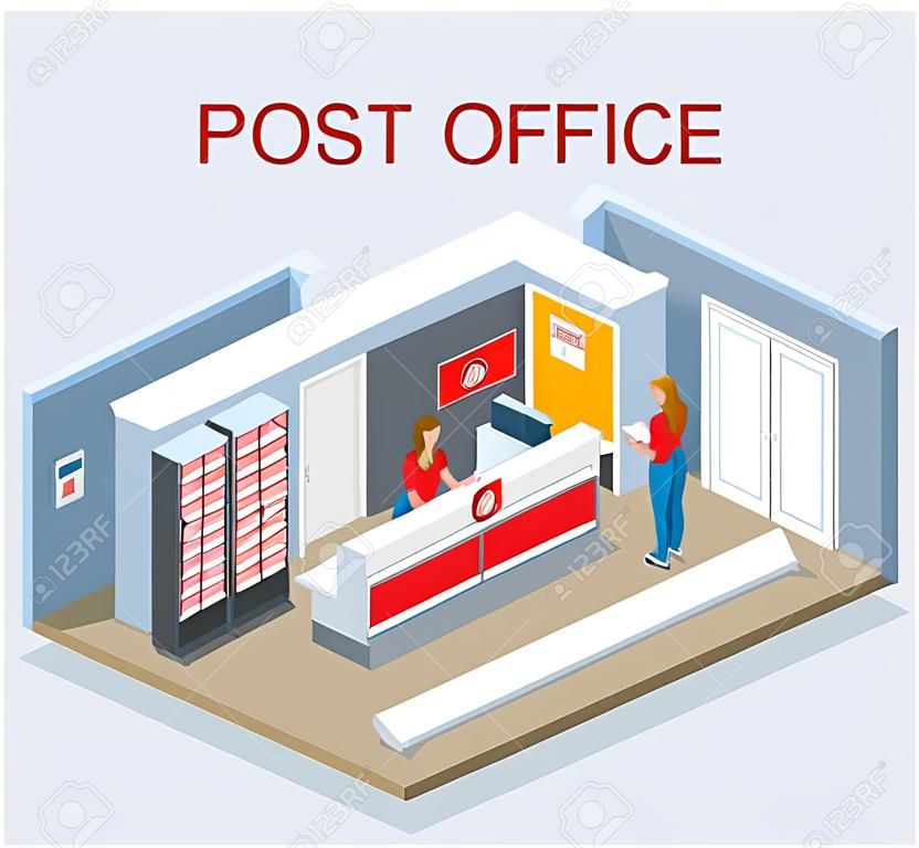 Isometric Post Office concept. Young man and woman waiting for a parcel in a post office.