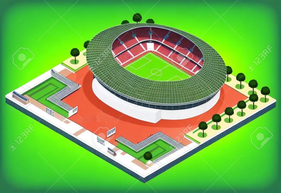 Estadio isométrico deportivo. Estadio de fútbol fútbol edificio ilustración vectorial.