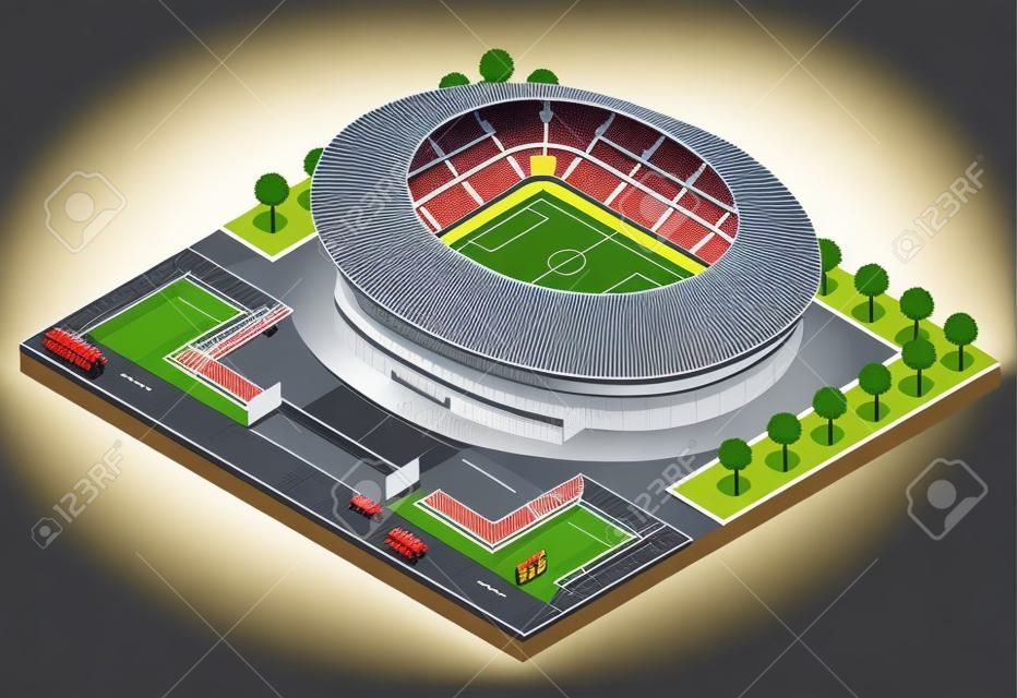 Estadio isométrico deportivo. Estadio de fútbol fútbol edificio ilustración vectorial.
